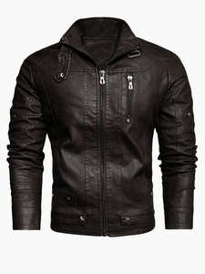 Men's slim fit dark brown PU leather biker jacket with stand collar and metal zip detail