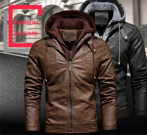 Detail view of brown and black PU leather biker jackets with removable knit hood