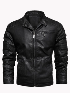 Men's black faux leather motorcycle jacket with stand collar and quilted shoulder details