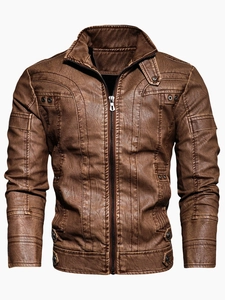 Veste vintage en similicuir marron pour homme avec col montant et surpiqûres