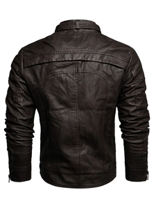 Back view of men's dark brown faux leather biker jacket with slim fit and stitching detail