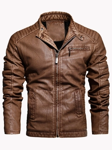 Men's retro dark brown faux leather motorcycle jacket with stand collar and quilted shoulders