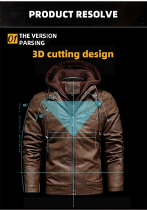 Detail of men's brown PU jacket showing 3D cutting design and thermal fleece lining