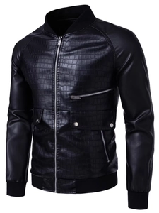 Men Fashion PU Leather Jacket Crocodile Texture Embossed Stand Collar Motorcycle Bomber Coat Casual Autumn Winter Outerwear