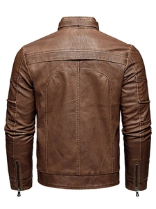 Brown men's slim fit PU leather biker jacket with stand collar and back stitching