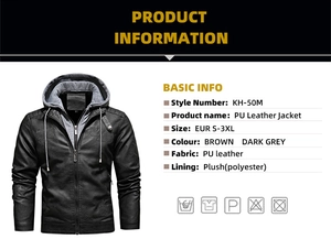 Detailed chart of men's padded PU leather jacket with plush lining and removable hood