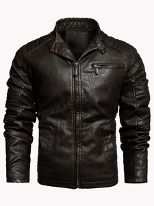 Men's slim fit dark brown faux leather motorcycle jacket with stand collar and rib detailing