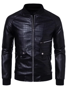Men's black faux leather biker jacket with crocodile embossed texture and stand collar