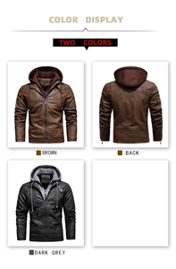 Detailed color display of men's hooded PU leather jacket in brown and dark grey