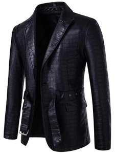 Men Notch Lapel Faux Leather Jacket Crocodile Pattern Embossed Biker Coat With Waist Belt Business Casual Outerwear