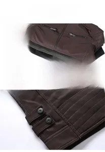 Details der dunkelbraunen Lederjacke mit gesteppten Schultern und präzisen Nähten