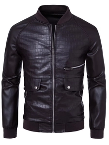 Men's dark brown PU leather jacket with crocodile texture and stand collar
