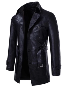 Men's Mid Length PU Leather Jacket Vintage Lapel Trench Coat Casual Windproof Motorcycle Overcoat Autumn Winter Jacket Outwear