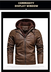Detail of men's brown faux leather motorcycle jacket with detachable hooded layering