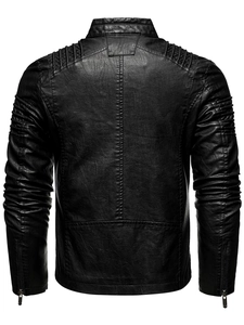 Detailed back view of men's faux leather biker jacket with quilted shoulder stitching