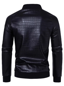 Men's black PU leather jacket featuring crocodile embossed pattern and ribbed cuffs