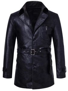 Men's black mid-length PU leather jacket with lapel collar, belt and metallic details