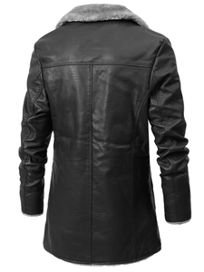 Men's mid-length black PU leather jacket with gray faux fur collar and back stitching