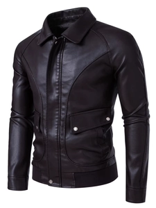 Men's PU Leather Jacket Casual Lapel Zipper Motorbike Coat With Ribbed Trim For Spring Autumn Outerwear