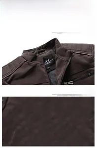 Detailansicht des gesteppten Kragens und Metallreißverschlusses der braunen PU-Lederjacke