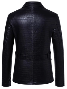 Men's black faux crocodile leather biker jacket with lapel and belt, back view display