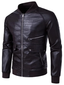 Men's black PU leather bomber jacket with crocodile embossed texture and stand collar