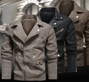 Detail shot of men's biker PU leather jackets in grey, black, and dark brown colors