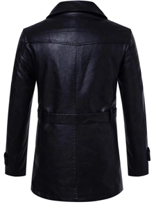 Men's black long PU leather jacket with lapel collar and waist belt detail back view