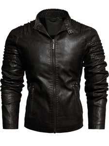 Detail of dark brown PU leather motorcycle jacket showing shoulder pleated texture and zipper