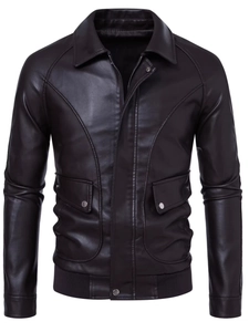 Classic dark brown PU leather motorcycle jacket with lapel collar and flap pockets