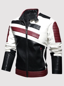 Blouson Biker en Cuir PU pour Homme Bloc de Couleur Col Montant Doublé Polaire Hiver Moto Streetwear Vêtements de Sortie