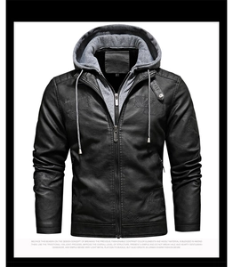 Detail of detachable knitted hood and smooth zipper texture on men's black PU leather jacket