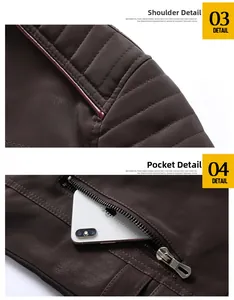 Details der dunkelbraunen Lederjacke mit gesteppten Schultern und Reißverschlusstaschen