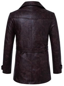 Men's mid-length dark brown PU leather biker jacket with lapel collar and waist belt back view