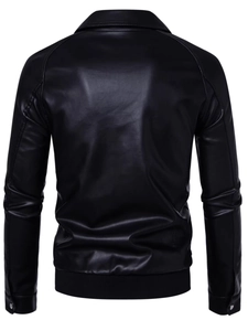 Men's black PU leather motorcycle jacket with sleek back panel seams and ribbed hem design