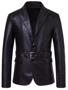 Brown crocodile embossed PU leather blazer jacket with notched lapels and waist belt
