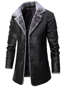 Men's mid-length PU leather winter coat with warm faux fur lining and notched collar