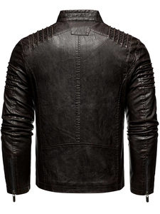 Close-up of dark brown PU leather jacket back with quilted shoulder pads and zippers