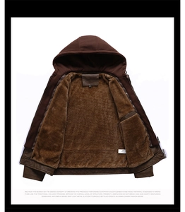 Detail view of men's brown faux leather jacket with thick fleece lining and hood