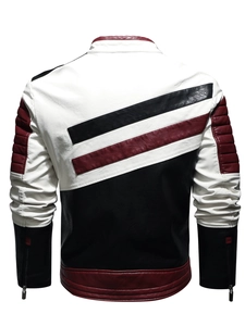 Veste de moto homme en cuir PU avec dos contrasté blanc et noir et rayures diagonales rouges