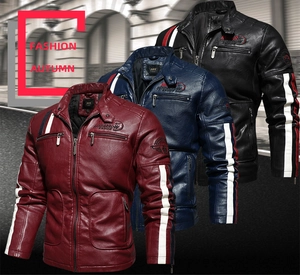Detail of embroidered badges and contrast stripes on men's racing leather jacket