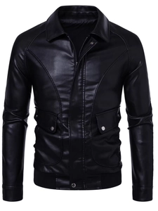 Men's black PU leather motorcycle jacket with lapel collar and ribbed cuffs