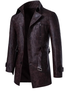 Men's dark brown mid-length PU leather biker jacket with lapel collar and waist belt