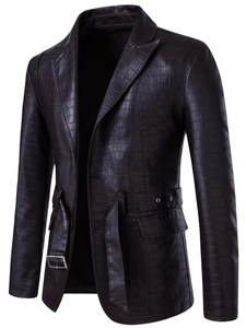 Men's dark brown crocodile embossed faux leather jacket with waist belt and lapel collar