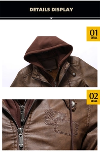 Macro detail of men's faux leather jacket showing quilted shoulders and detachable hood