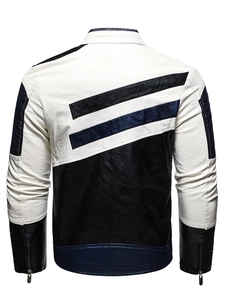 Veste motard en similicuir pour homme avec design géométrique bicolore et détails au dos
