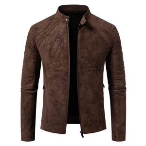 Detailed view of dark brown biker jacket with stand collar and geometric stitching
