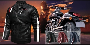 Detail view of motorcycle PU jacket featuring racer embroidery and red racing stripes