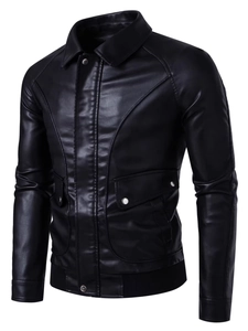 Classic black men's PU leather jacket with lapel collar and large flap pockets