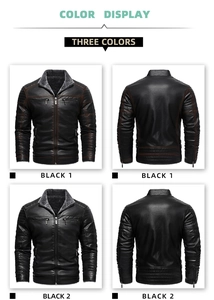 Front and back views of men's thermal faux leather biker jacket with gray faux fur collar